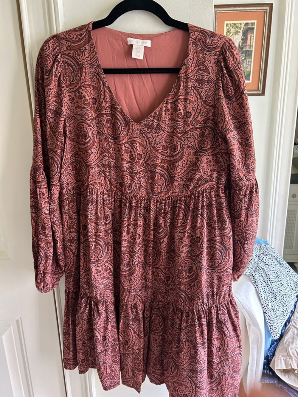 Tiered Long-Sleeve Paisley Dress - Dusty Rose